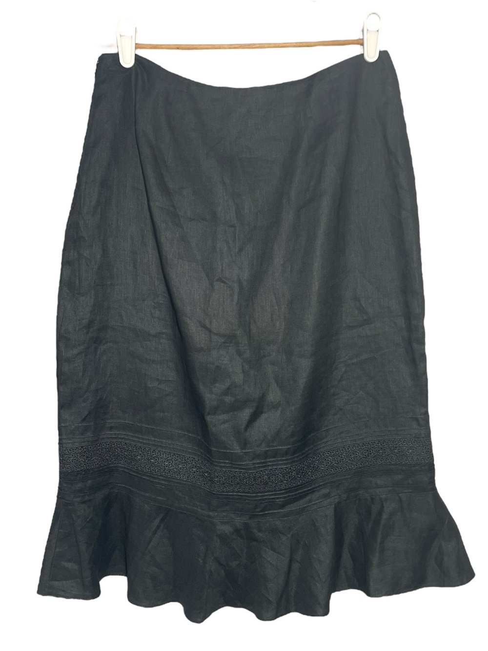 Ann Taylor LOFT Black Ruffle Hem Midi Skirt 100% Linen Size 10 Lined - Picture 2 of 5
